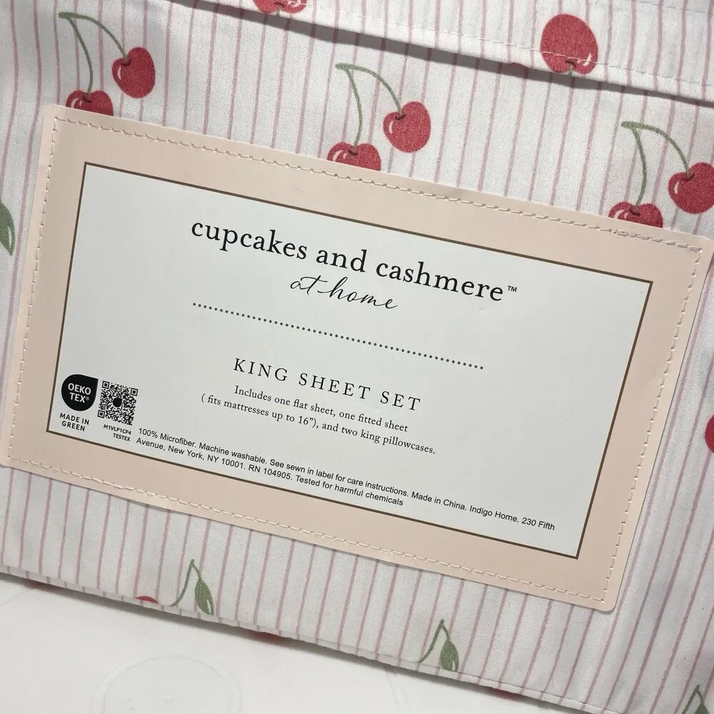 Cupcakes & Cashmere King Sheet Set Cherry Print Pink Stripe 4 Pc Microfiber New
